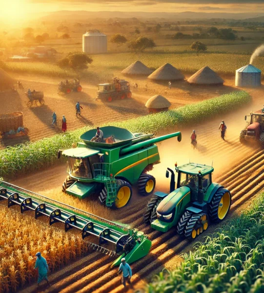 DALL·E 2025-03-12 02.22.59 - An African farmland with modern mechanized farming equipment in action. Farmers operating tractors and harvesters, cultivating crops efficiently. The DALL·E 2025-03-12 02.22.59 - An African farmland with modern mechanized farming equipment in action. Farmers operating tractors and harvesters, cultivating crops efficiently. The