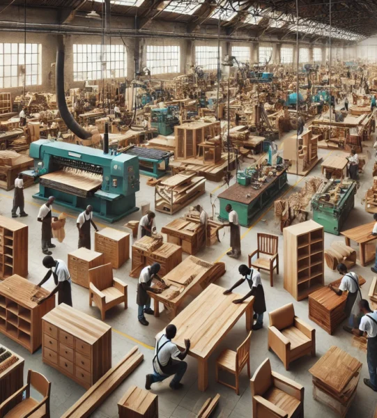 DALL·E 2025-03-12 02.29.34 - An African furniture factory with skilled craftsmen working on wooden furniture. Large workshop with modern machinery, workers assembling and polishin DALL·E 2025-03-12 02.29.34 - An African furniture factory with skilled craftsmen working on wooden furniture. Large workshop with modern machinery, workers assembling and polishin